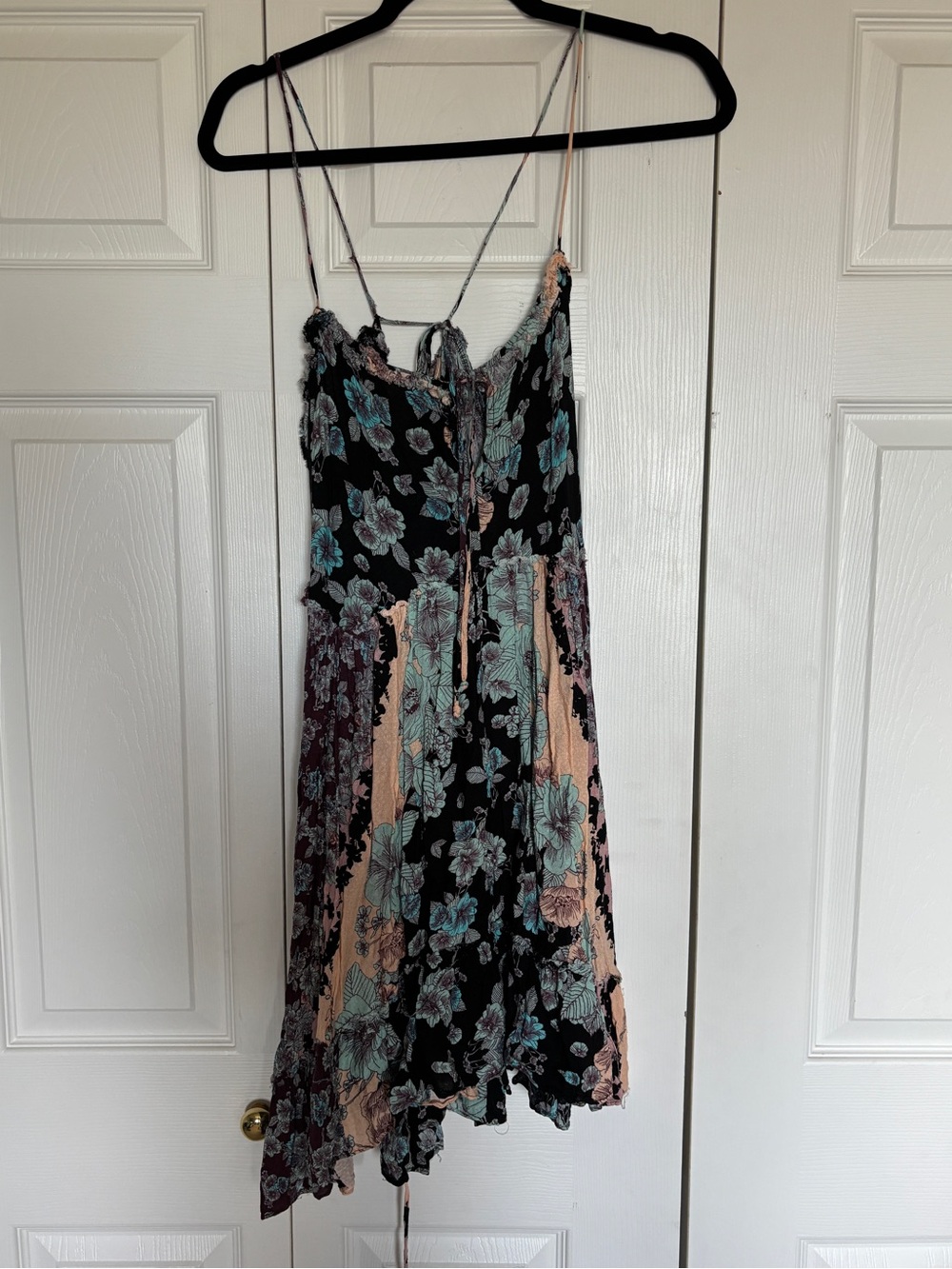 Floral Spaghetti-Strap Mini Dress in Black and Teal